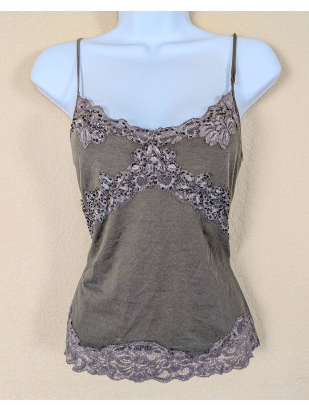 Y2K VTG WD.NY Silk Cami Lace Trim Beaded Babydoll Tank Fairy Whimsical Grunge M